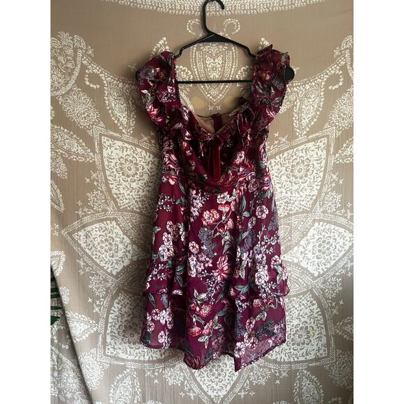 For Love and Lemons Flora Off Shoulder Mini Dress in Berry Floral - Picture 3 of 6